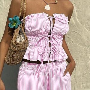 2-Piece Women’s Frill Trim Striped Tie-Front Bustier Top & Pants Set